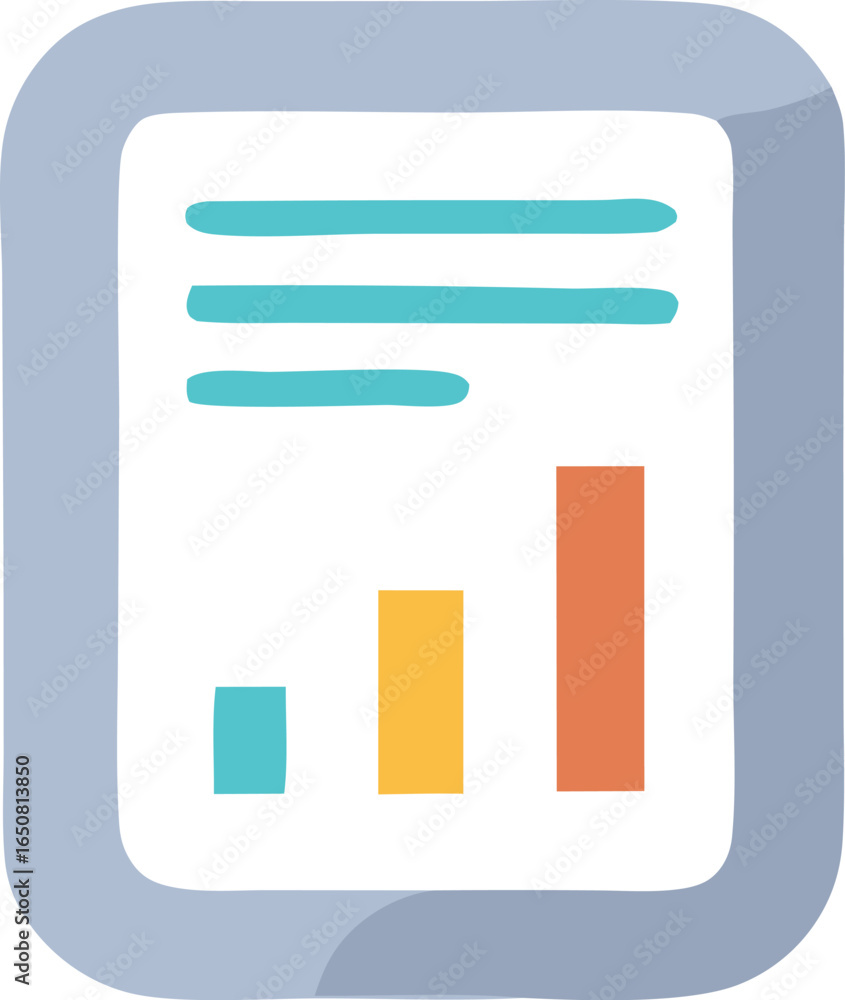 Poster modern flat icon representing data analysis with bar chart and text elements on a white background