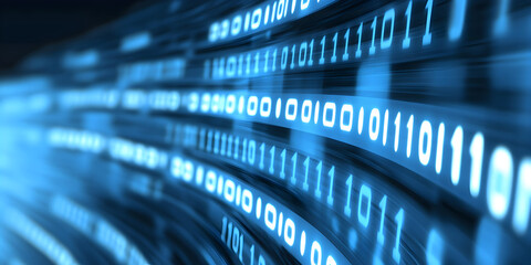 Flowing glowing binary code or data stream. Abstract digital background. Digital information transfer or cyber security programming concept.