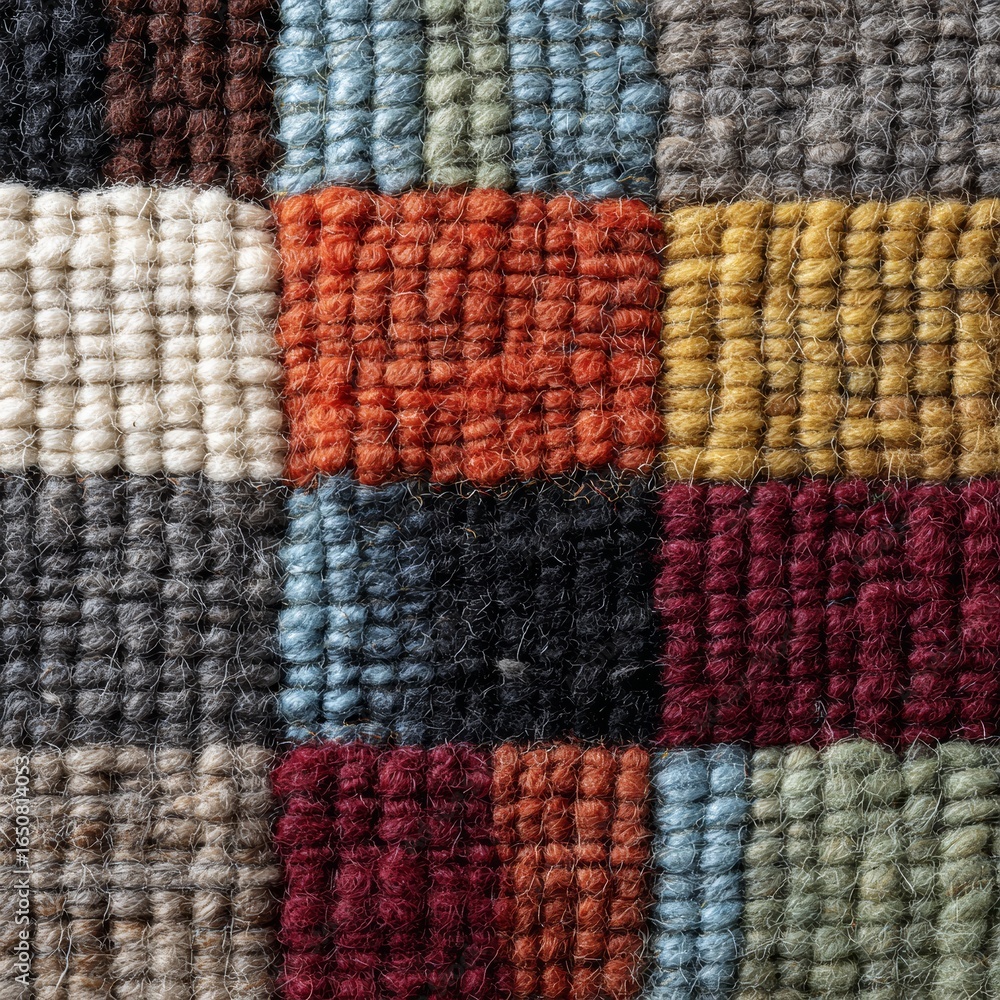 Poster a close-up of a colorful patchwork rug with a textured design. the squares are in various hues and t