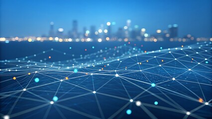 Obraz premium Close-Up Abstract Digital Network of Lines and Dots on Dark Blue with Cityscape