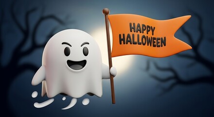 Adorable ghost waving a Happy Halloween flag under the moonlight, perfect for spooky season promotions or fun Halloween party invitations, capture the festive spirit now