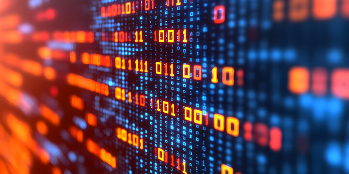 Binary code matrix with glowing orange and blue numbers. Digital data stream on a computer screen for technology and programming concept.