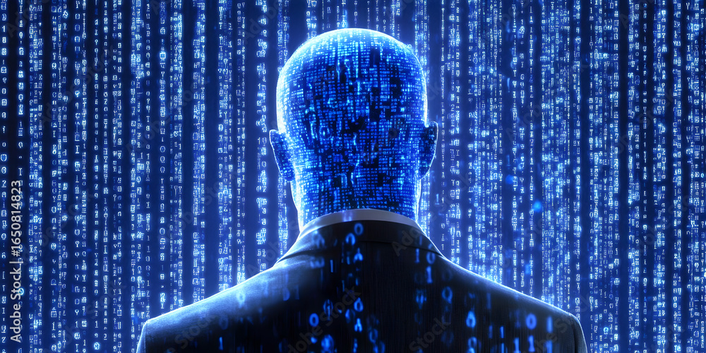 Poster man with glowing head of binary code, representing artificial intelligence and big data. concept dig