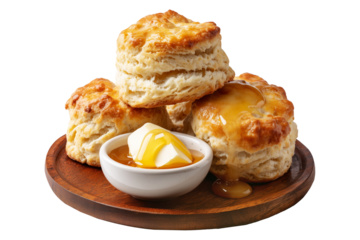 Buttermilk biscuits topped with syrup and butter, stacked on a wooden plate, isolated on white transparent background, concept of breakfast