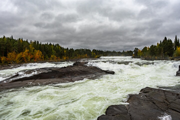 Wild river with rapids in autumn, featuring vibrant fall foliage, powerful water flow, and a moody cloudy sky, perfect for nature, outdoor, travel, and seasonal landscape themes