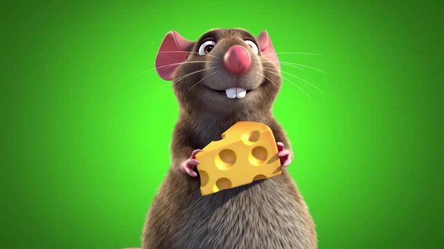 Cartoon mouse happily holding a piece of cheese against a vibrant green background