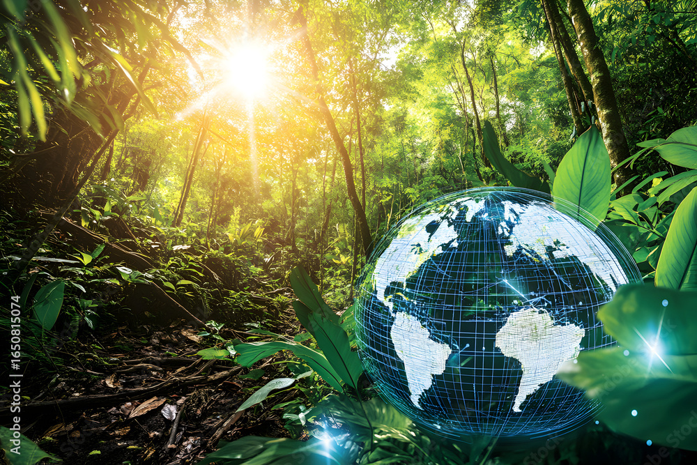 Poster digital globe with grid lines on jungle background shows global connection. earth day and environmen