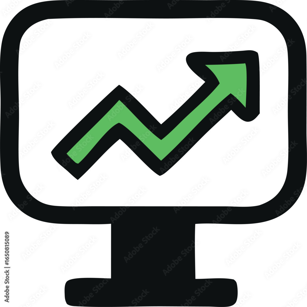 Poster hand drawn illustration of a computer monitor displaying a green upward trending graph symbolizing g