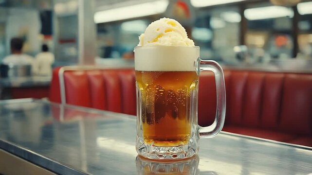 Cola soft drink with vanilla ice cream.