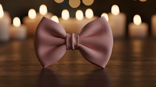 Pink bowtie on dark wooden surface with candlelight