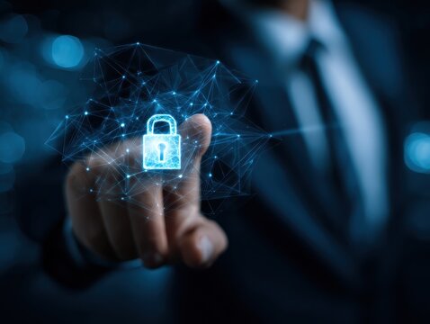 Businessman protecting data with encryption and network security, Protecting transactions. Cybersecurity for online business, data privacy, Safeguarding business transactions from cyber threats.