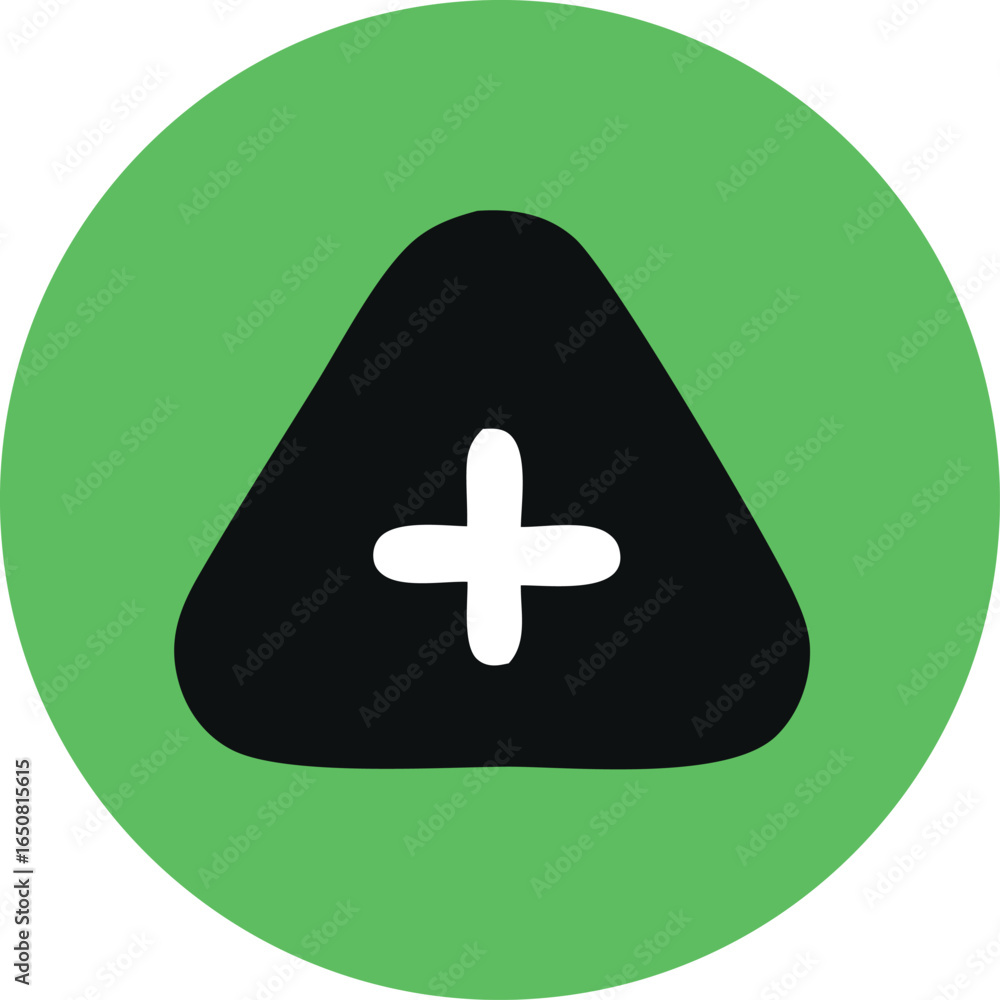 Poster abstract geometric icon featuring a black triangle with a white plus symbol centered within a vibran