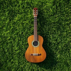 An acoustic guitar laid on vibrant green grass, representing music and nature in harmony. The guitar's wooden body stands out against the textured backdrop of the grass, creating a beautiful contrast