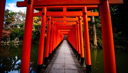 Red torii gates arch over a path by a pond.