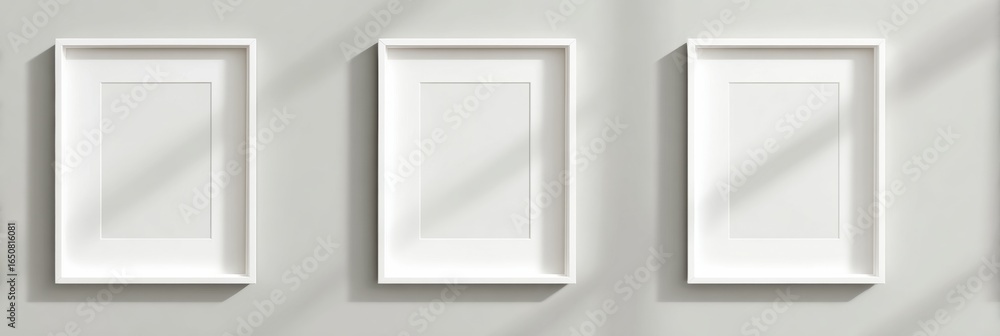 Poster minimalist three empty frames on a light wall with soft shadows highlighting the space