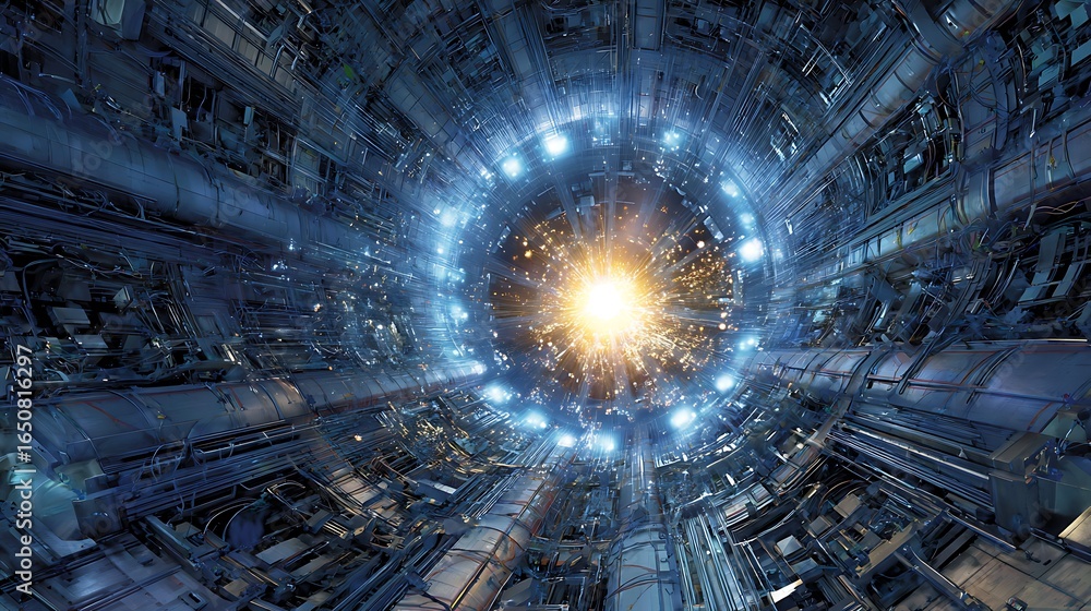 Poster abstract futuristic tunnel with intricate details and a bright light at the end of the tunnel