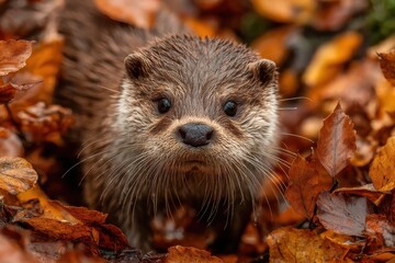 Fototapeta premium Adorable Otter Exploring Forest Floor Covered with Vibrant Autumn Leaves in Natural Habitat