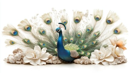 Fototapeta premium A peacock perched elegantly with its tail fanned exotic garden wildlife photography serene atmosphere close-up vibrant colors