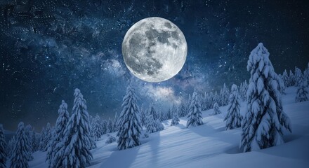 Naklejka premium Majestic Full Moon Illuminating Snowy Forest Under Starry Night Sky