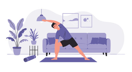 Active man engaged in a home fitness routine, performing a stretching yoga asana in a cozy apartment setting with modern decor