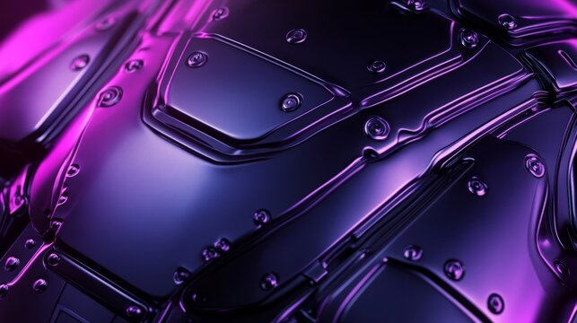 Futuristic 3d illustration of metallic technological plating with black cyber armor design, close-up of sci-fi robot or spaceship surface featuring neon highlights and abstract graphic texture in the  - Powered by Adobe
