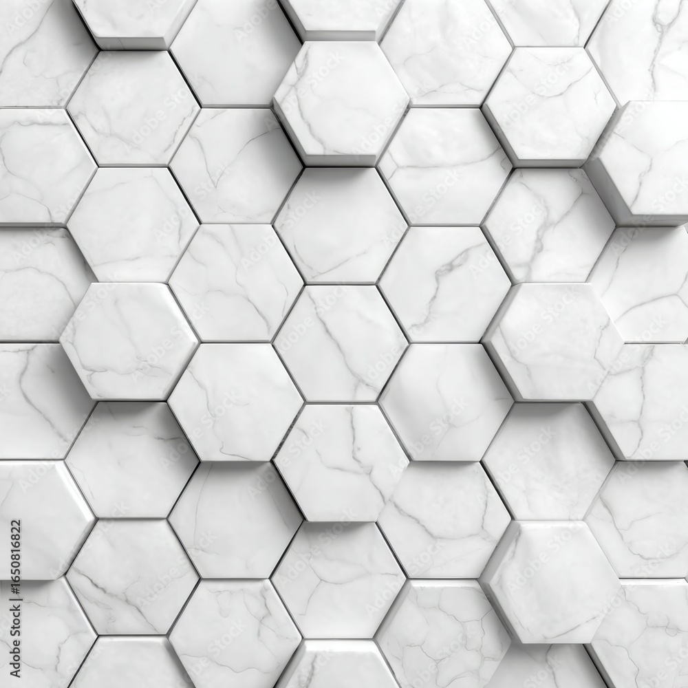 Poster a close-up of a 3d geometric hexagonal tile wall pattern made of marble. the hexagons are interlocke