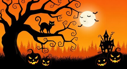 Spooky Halloween Night with a Black Cat and Haunted House