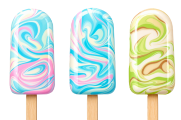 Swirl candy glazed vanilla ice cream bar on stick transparent PNG cutout set bundle, isolated background. Bright blue, pink, green color flavor cue cut out