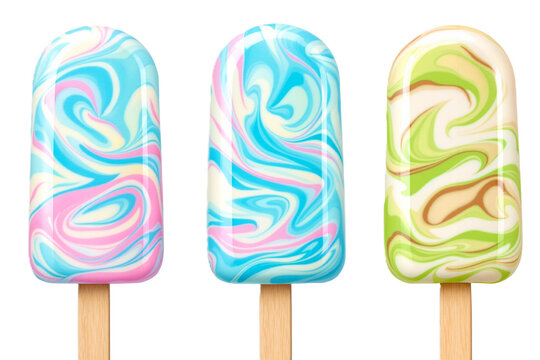 Swirl candy glazed vanilla ice cream bar on stick transparent PNG cutout set bundle, isolated background. Bright blue, pink, green color flavor cue cut out