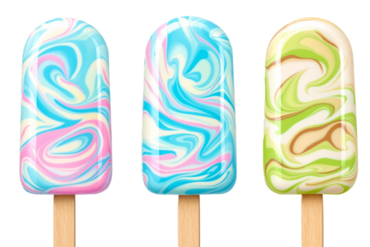 Swirl candy glazed vanilla ice cream bar on stick transparent PNG cutout set bundle, isolated background. Bright blue, pink, green color flavor cue cut out - Powered by Adobe