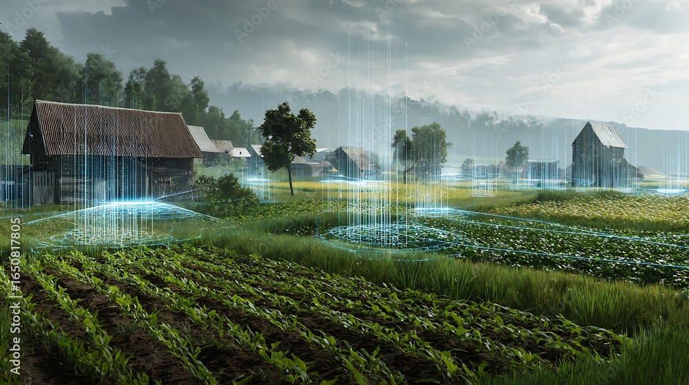 Poster old farmhouses in a field with digital overlay showing data and technology integration in agricultur