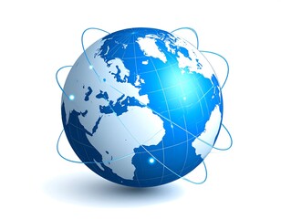 Blue globe with encircling connections representing global connectivity concept