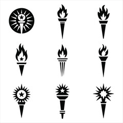 Black Torch Icons with Flames and Starbursts on White