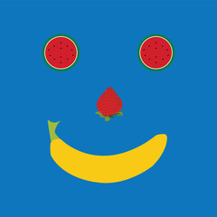Creative fruit face illustration with watermelon eyes, a strawberry nose, and a banana smile on a blue background, symbolizing fun, health, and playfulness