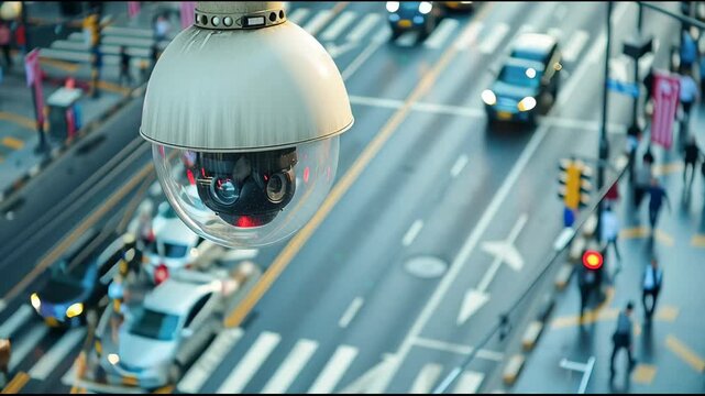 Urban surveillance with dome camera over busy street capturing motion and pedestrian traffic.