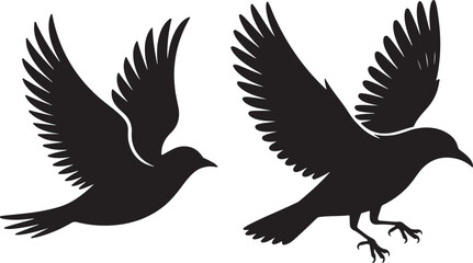Obraz premium Two black silhouette birds in flight, one with wings spread wide, the other with wings slightly angled