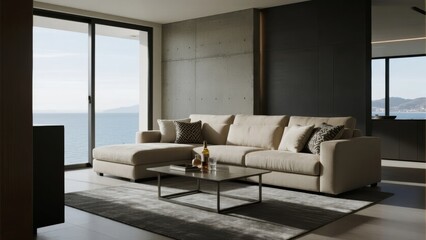 Fototapeta premium Modern living room with a large sofa, glass doors, and an ocean view