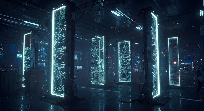 Futuristic Illuminated Circuit Panels in Dark Urban Setting