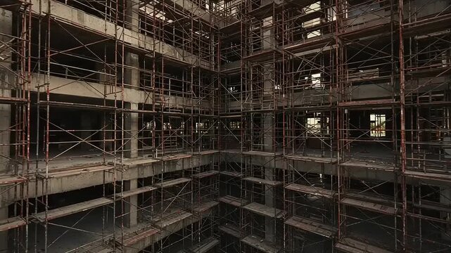 Construction site with scaffolding and unfinished walls