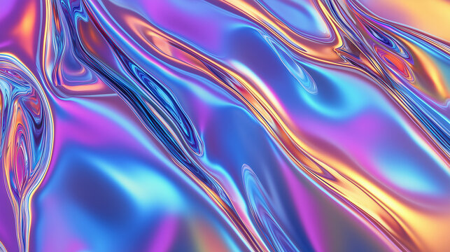 Seamless abstract texture with swirling holographic waves, iridescent gradients, and fluid surface in vibrant blue and gold tones. - Powered by Adobe