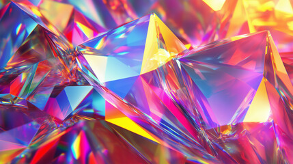 Seamless abstract texture with faceted crystal geometry, luminous multicolor reflections, and 3D kaleidoscopic stained glass effect.