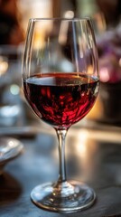 Beautiful red wine glass in a cozy dining setting