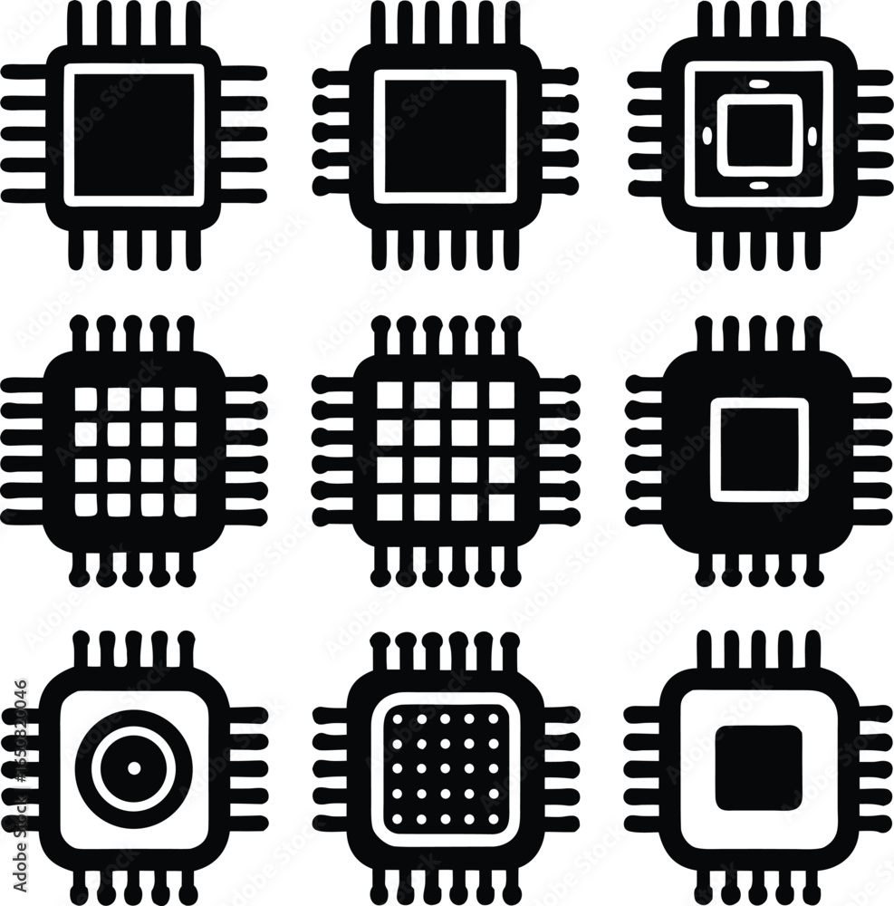 Poster collection of nine distinct black and white vector illustrations of integrated circuit chips with mu