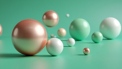Collection of pastel colored easter eggs scattered on a mint green background with soft lighting