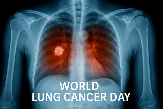 World lung cancer day awareness with x-ray image showing tumor in lungs, medical diagnosis, health prevention campaign - Powered by Adobe