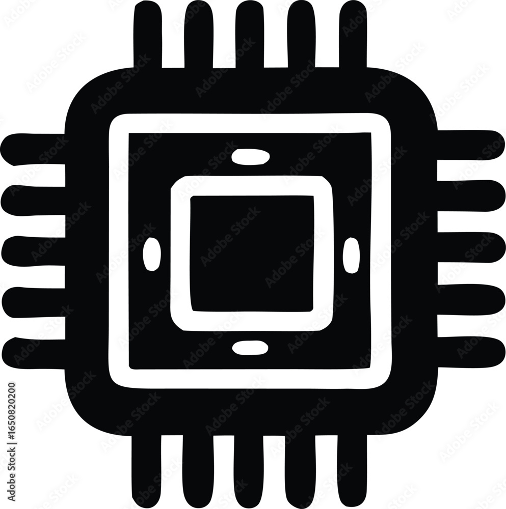 Poster stylized black and white icon of a computer microprocessor chip with multiple pins