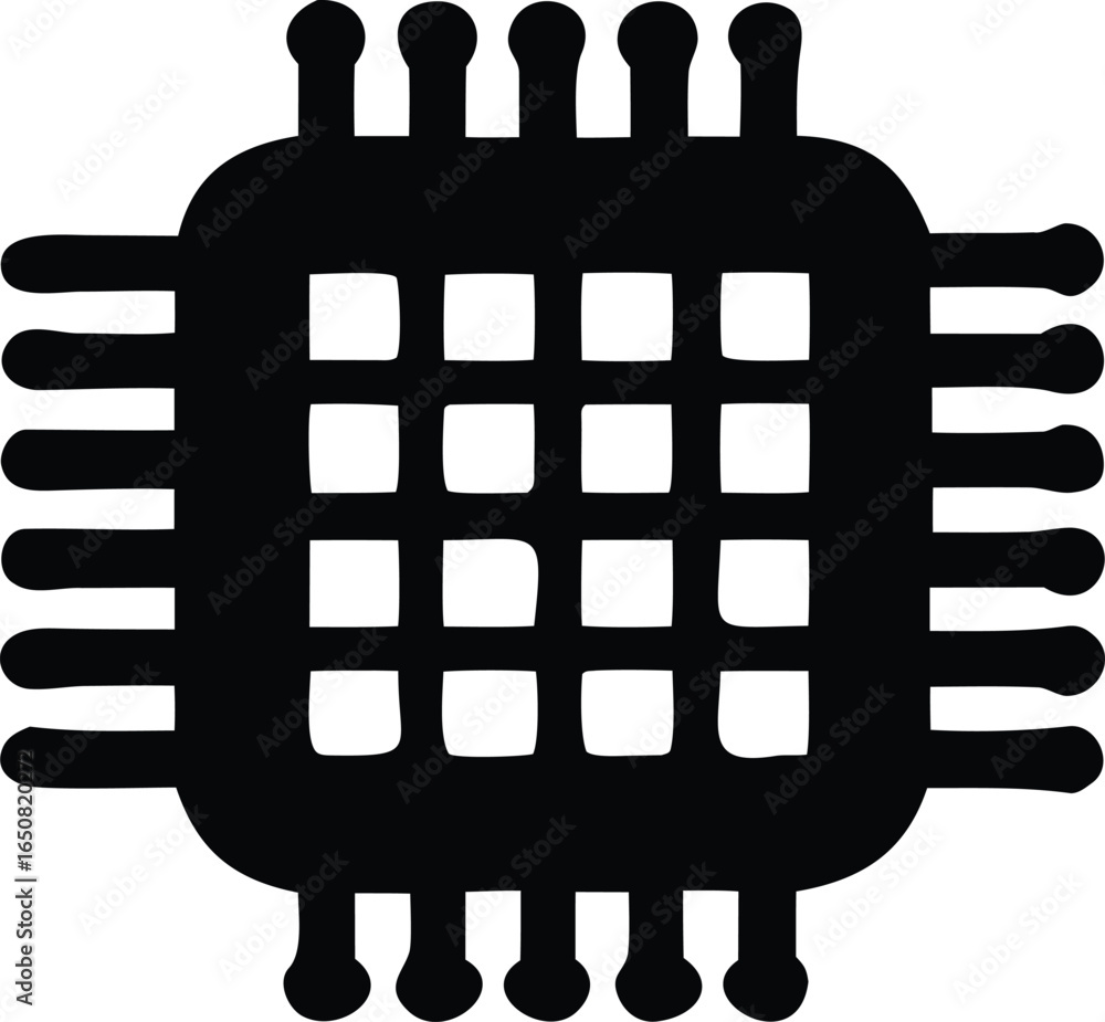 Poster stylized silhouette of a microprocessor chip featuring a central grid and extending pins symbolizing