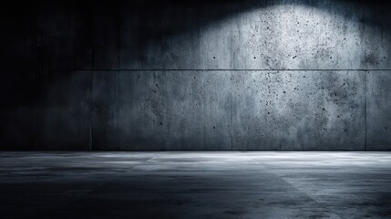A gray concrete room illuminated by a large spotlight, creating dramatic shadows and highlighting the textured walls.