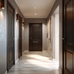 Fototapeta premium An architectural corridor view. The corridor has dark doors and warm lights which provide an inviting and elegant ambiance.
