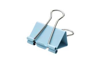 Light blue binder clip on transparent background close up photography of office stationery